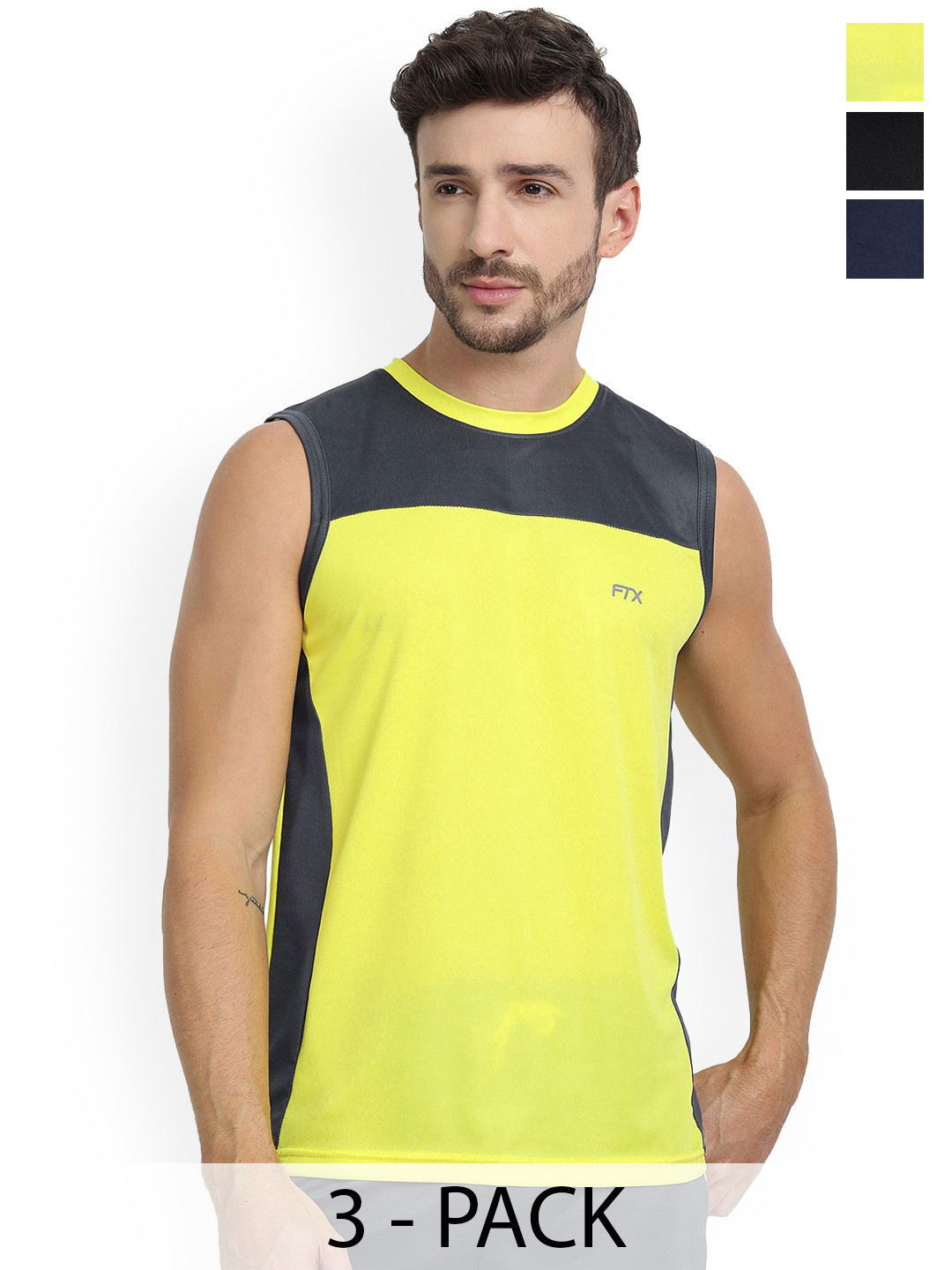 FTX Pack Of 3 Colourblocked Dry-Fit Round Neck Gym Vests 709-4_709-5_709-10-S