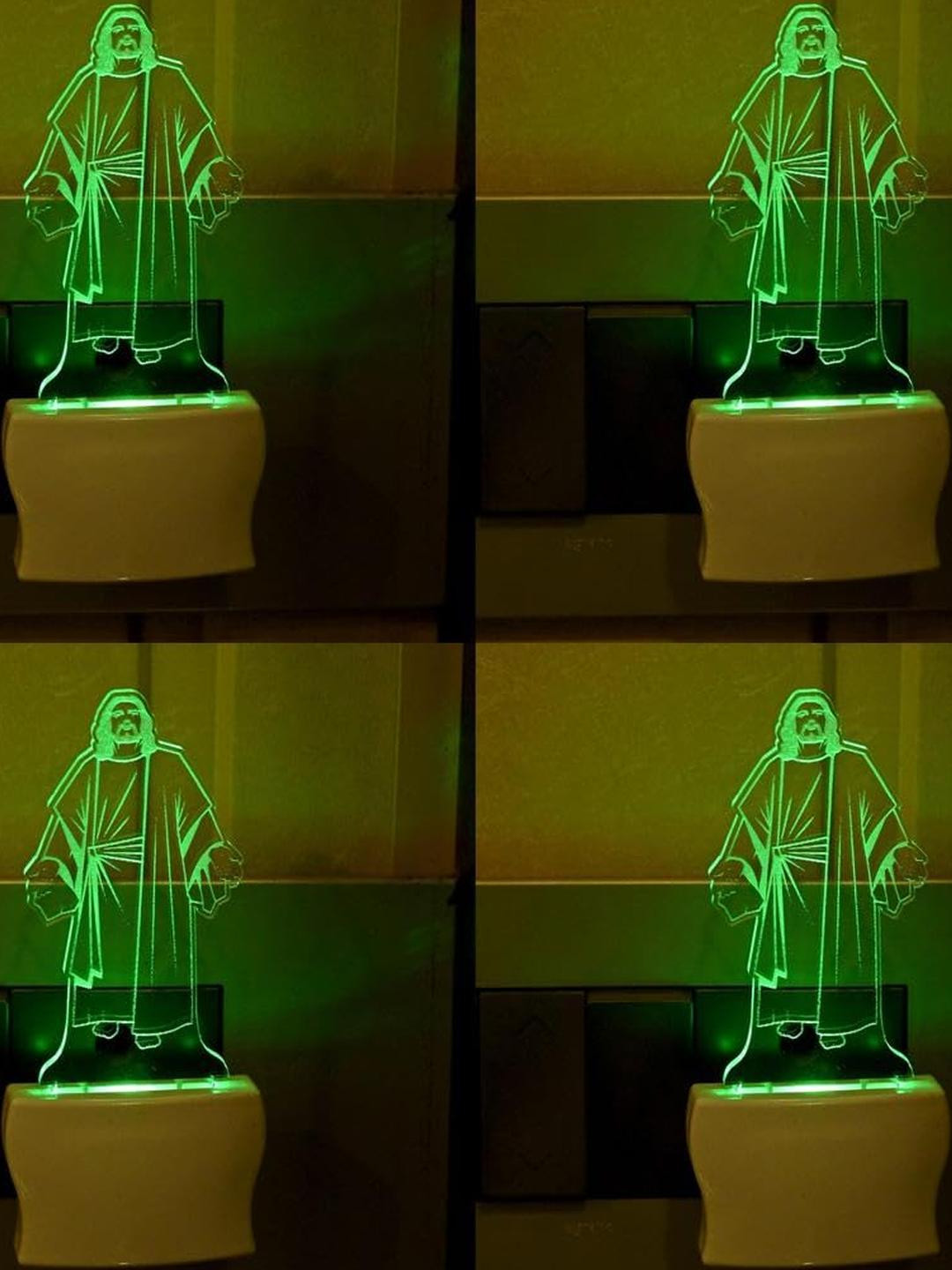 SOMIL Green & Blue Pack Of 4 Acrylic Lord Jesus Printed Glass With LED Night Lamps