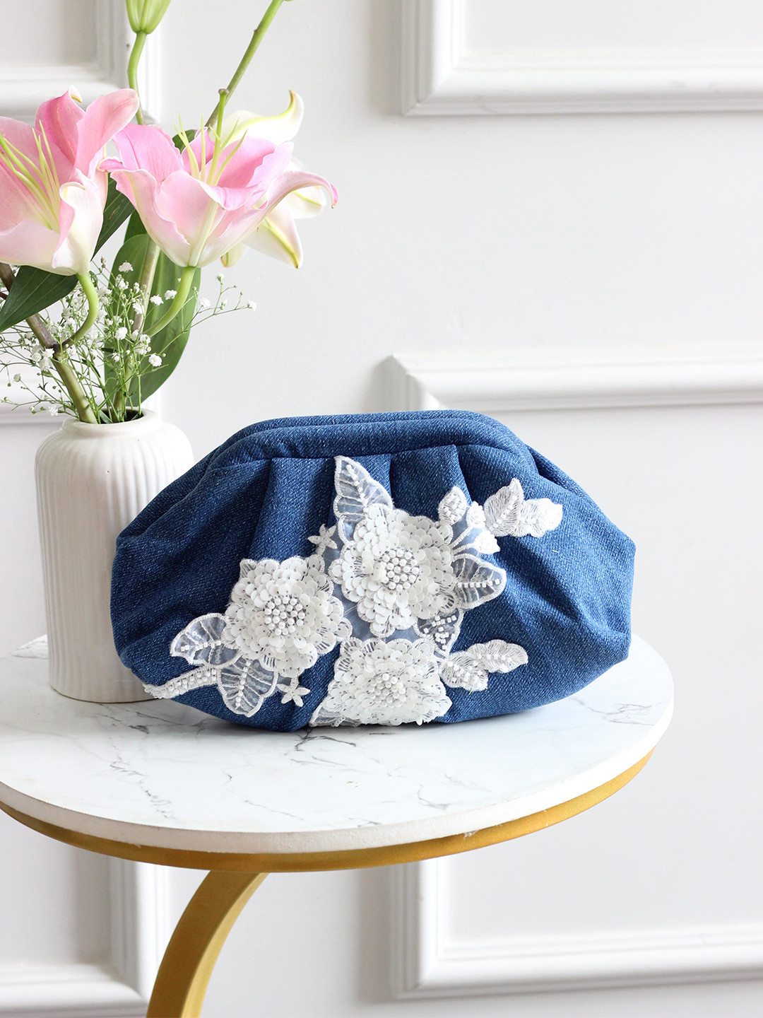 BOXWISH BY BHUMIKA Floral Embroidered Sequinned Denim Purse