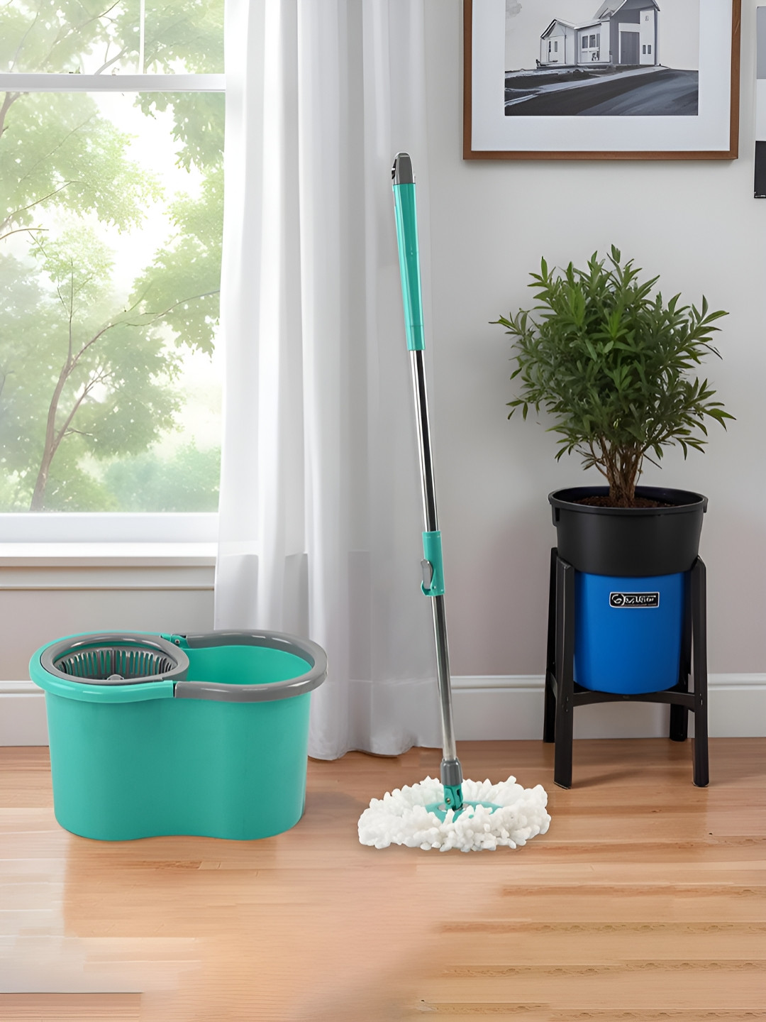 Aura Green & Grey Matte Extendable Spin Mopping Bucket Bathroom Accessories
