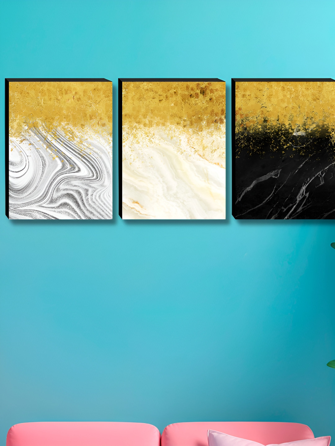 Livin'luxe Gold-Toned & White 3 Pieces Marble Texture Printed Wall Arts