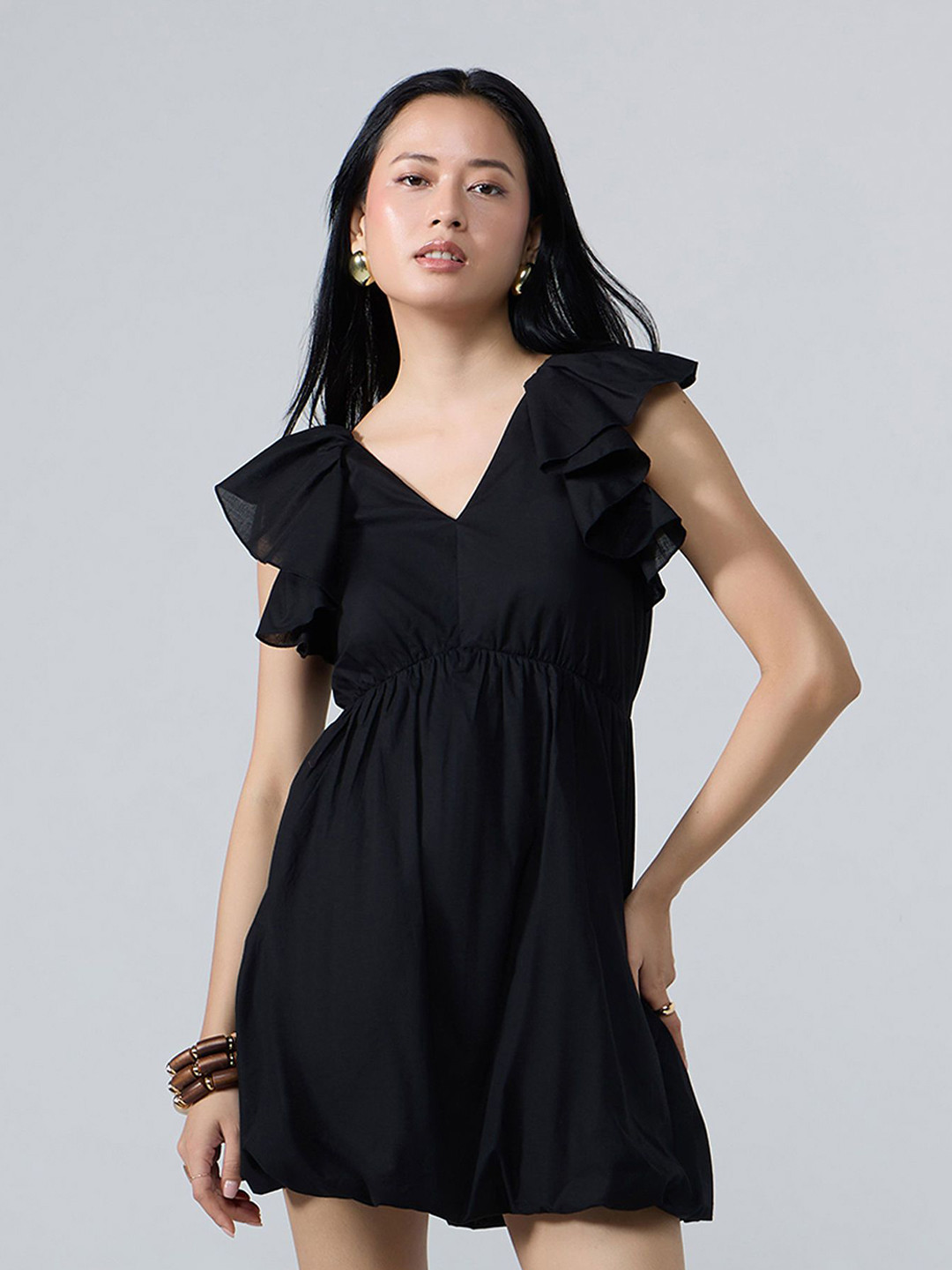 20Dresses Xxd Balloon Hem Ss25 V Neck Fit & Flare Gathered Pure Cotton Mini Balloon Dress