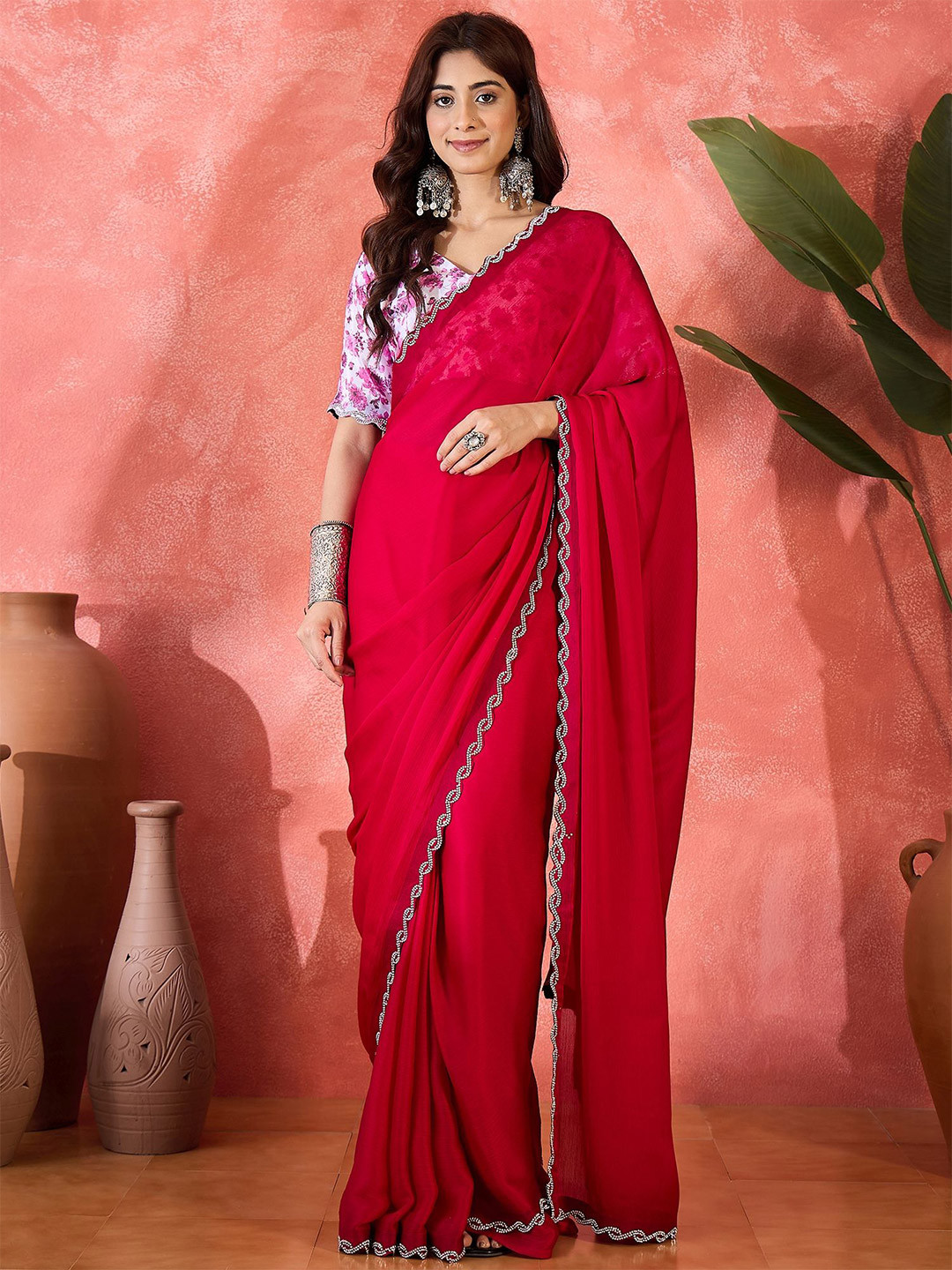 MANVAA Beads And Stones Satin Chiffon Saree