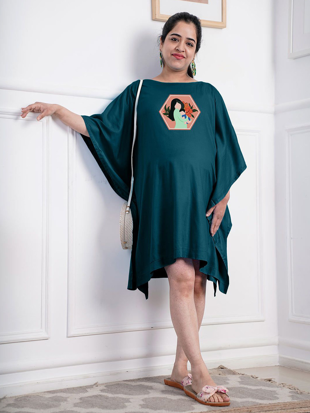 LetsDressUp Teal Rayon Maternity Kaftan Dress