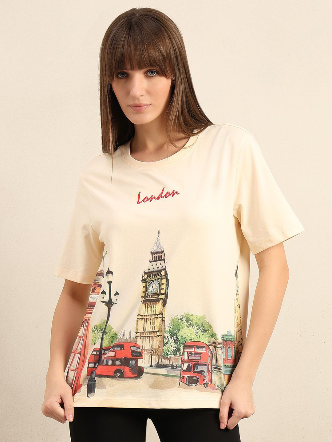 Vero Moda Women People and Places Printed Round Neck Pure Cotton T-shirt