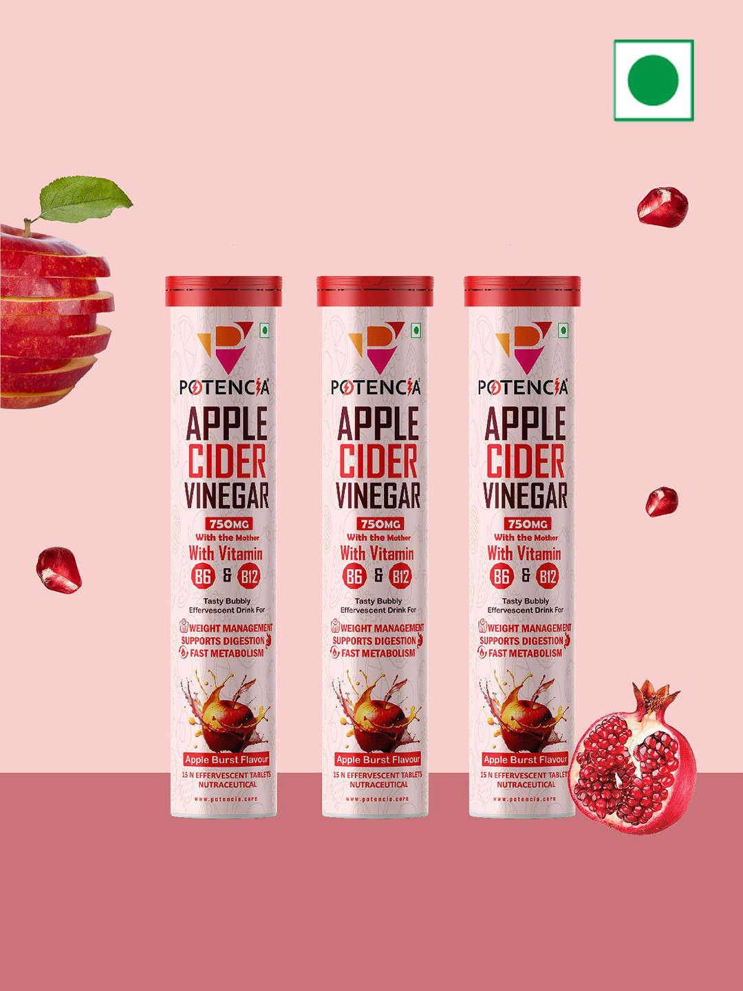 POTENCIA Set Of 3 Apple Cider Vinegar Tablets - 15 Effervescent Tablets Each
