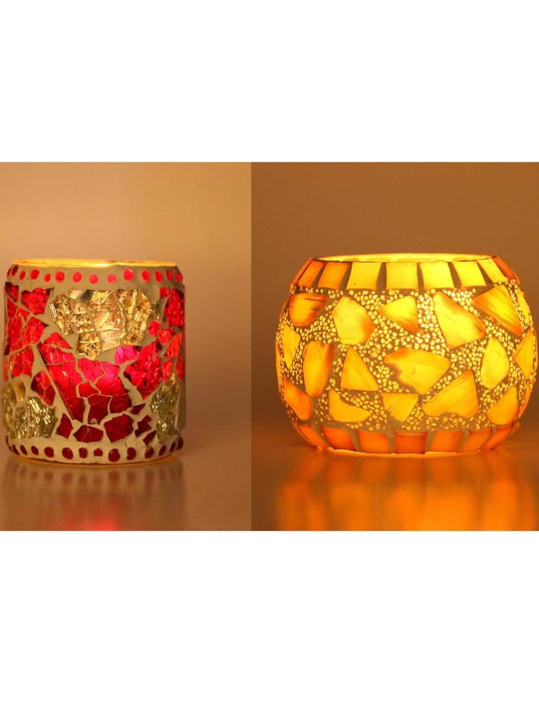 Somil Vibrant Multicolor Glass Candle Holder  Add A Touch Of Magic To Diwali, Parties & Candlelight Dinners, Size-7 X 7 X 7  Cm , 8.5 X 8.5 X 7  Cm Pack OF 2