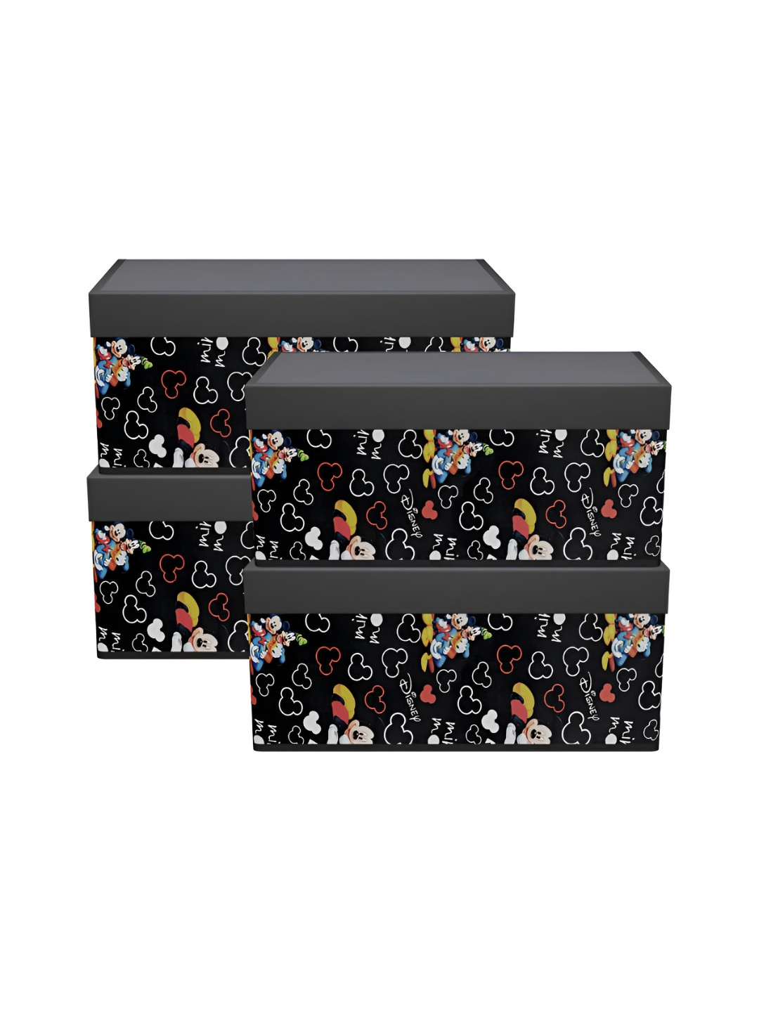 YK Navy Black & Red 4Pcs Disney Mickey Printed Storage Box Organisers with Transparent Lid