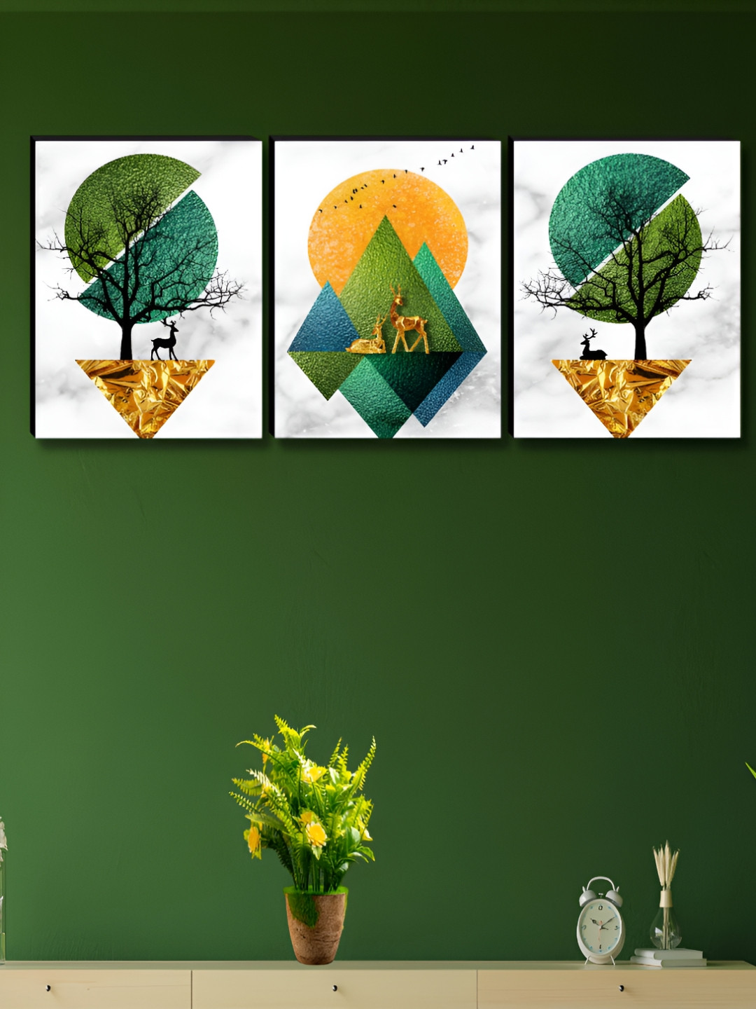 Livin'luxe White & Green 3 Pieces Geometric Nature Deer Printed Wall Arts