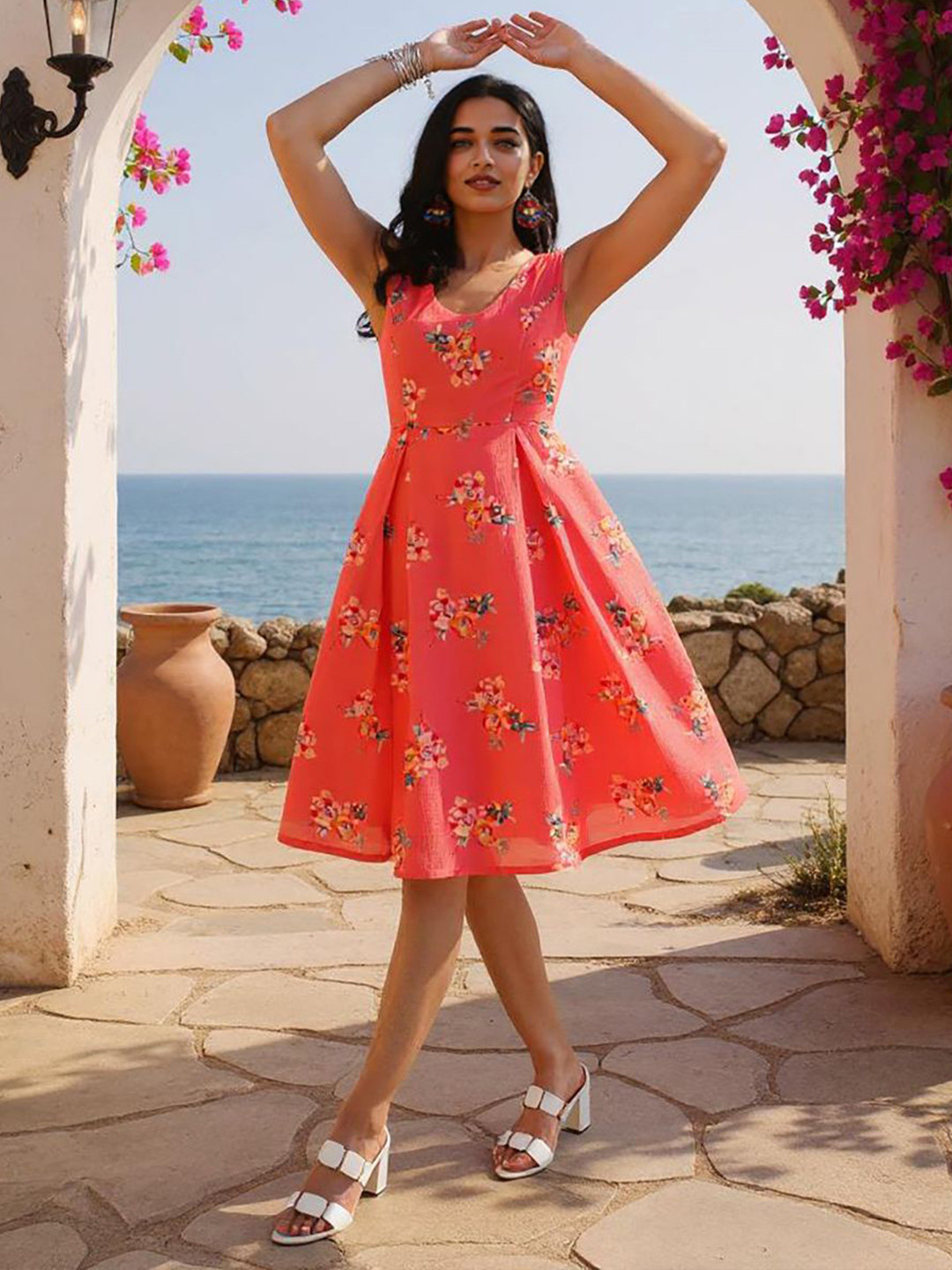 SZN Women Floral Printed Round Neck Fit & Flare Cut-Out Skater Dress