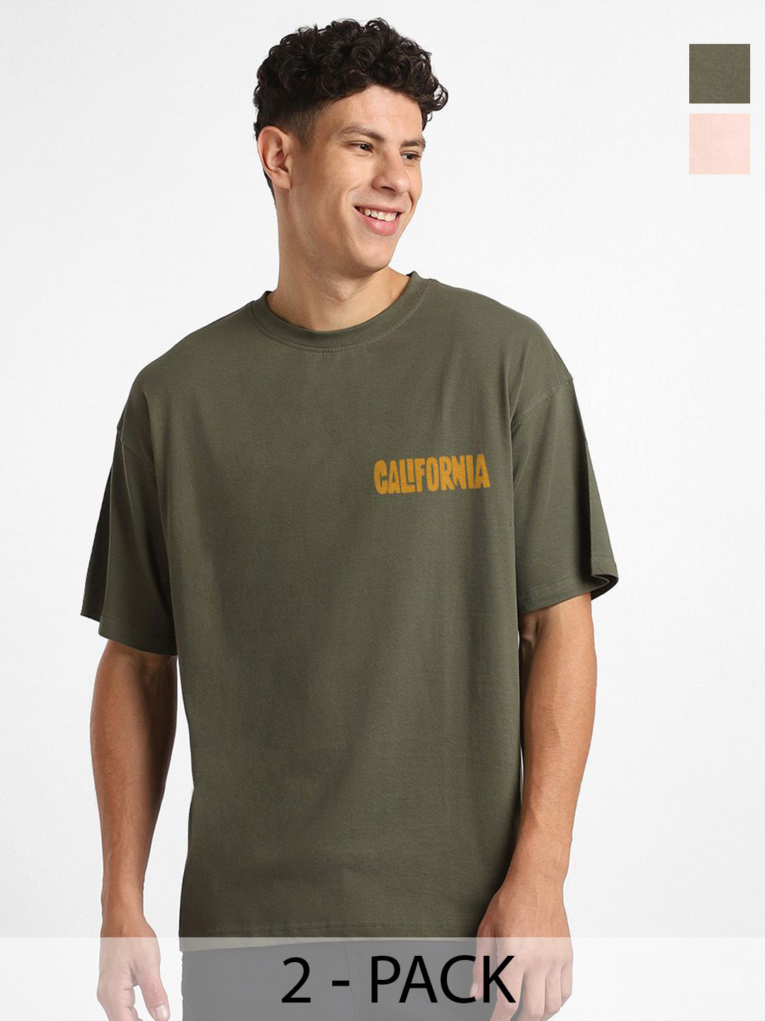 NOBERO Pack Of 2 Graphic Printed Drop-Shoulder Sleeves Pure Cotton Oversized T-shirts
