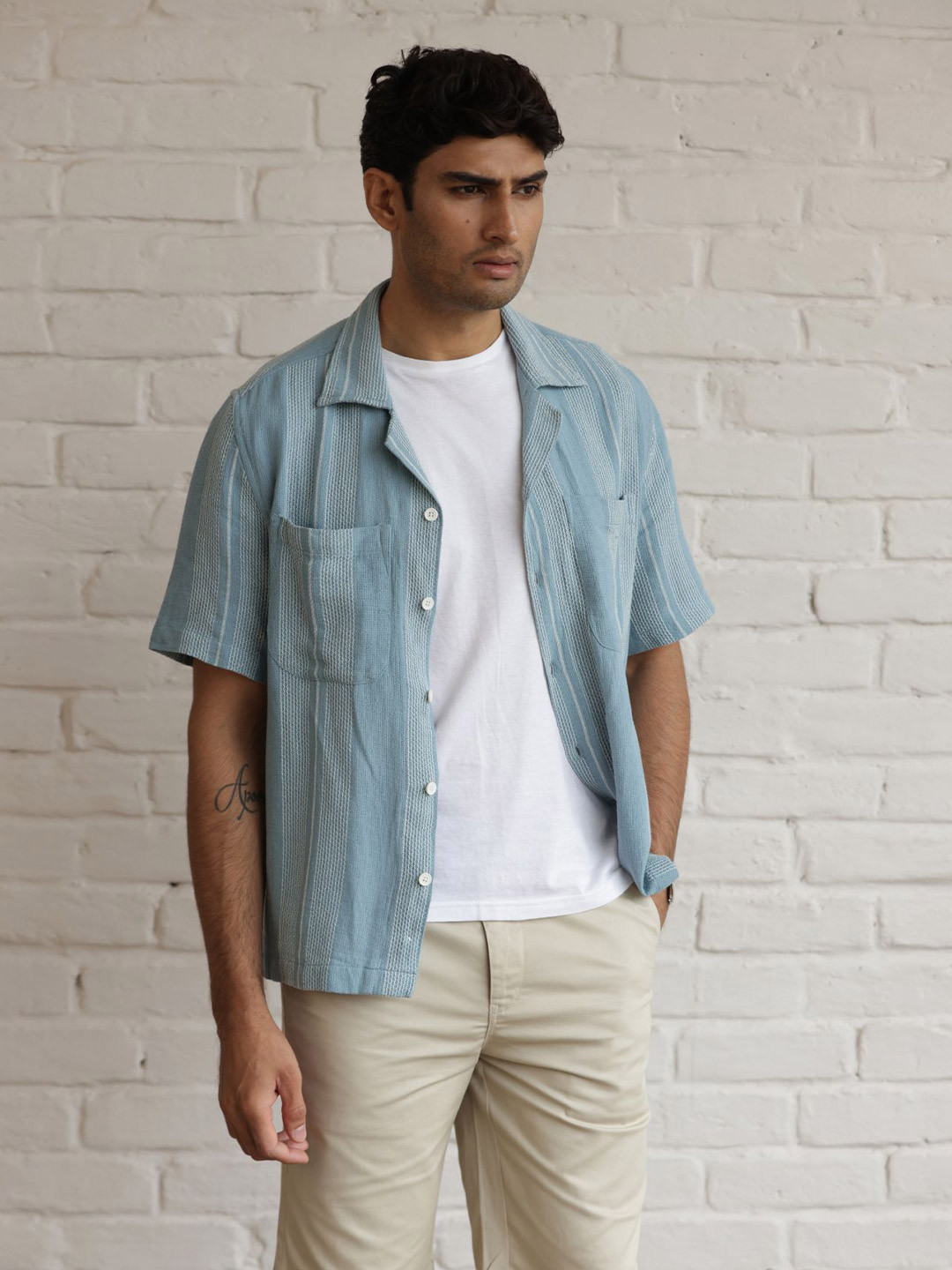 Relaxed Fit Vertical Stripes Cuban Collar Casual Shirt