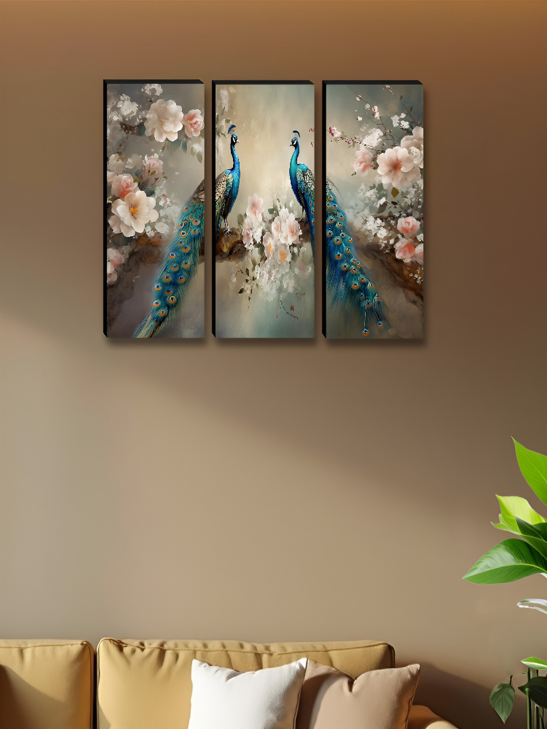 Livin'luxe Beige & Blue 3 Pieces Peacocks Printed Wall Arts