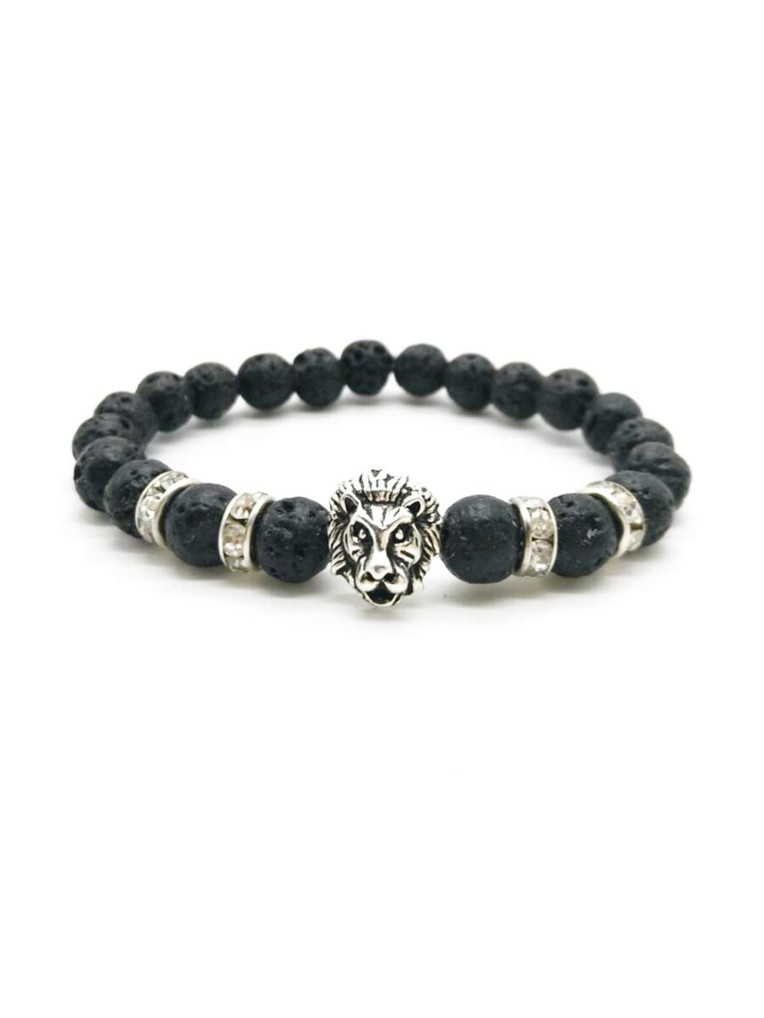 EDMIRIA Unisex Black & Silver Lion Charm Wood Elasticated Slip-On Bracelet