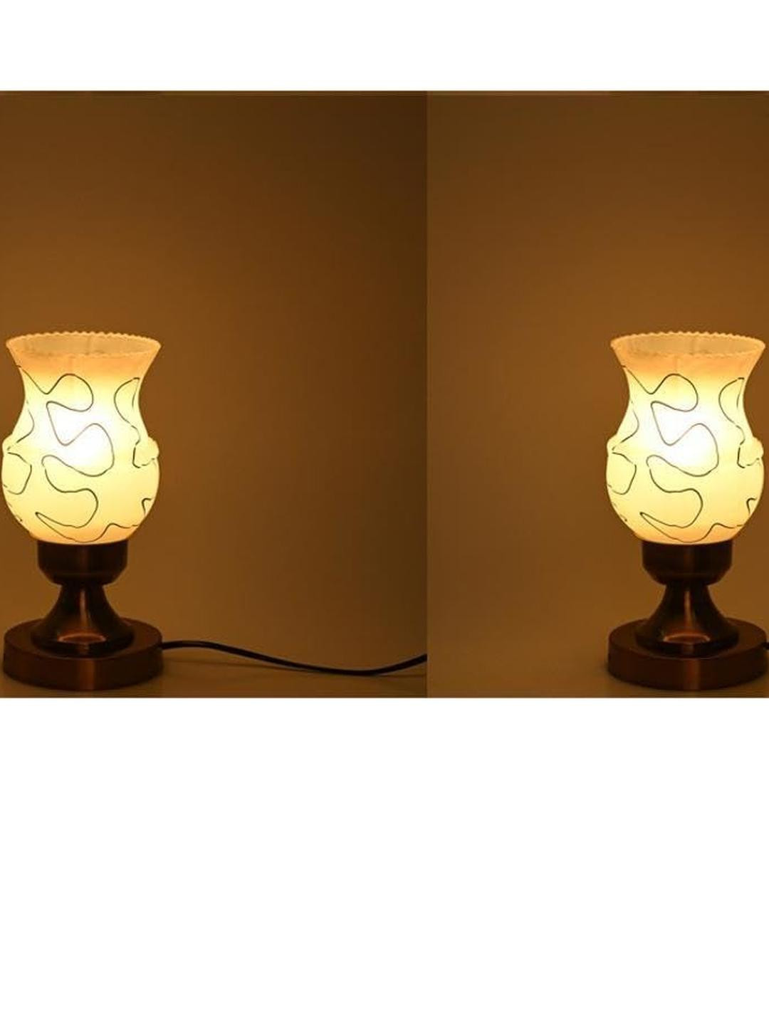 SOMIL Pack of 2 hite Printed Glass Cylindrical Shaped Table Lamp