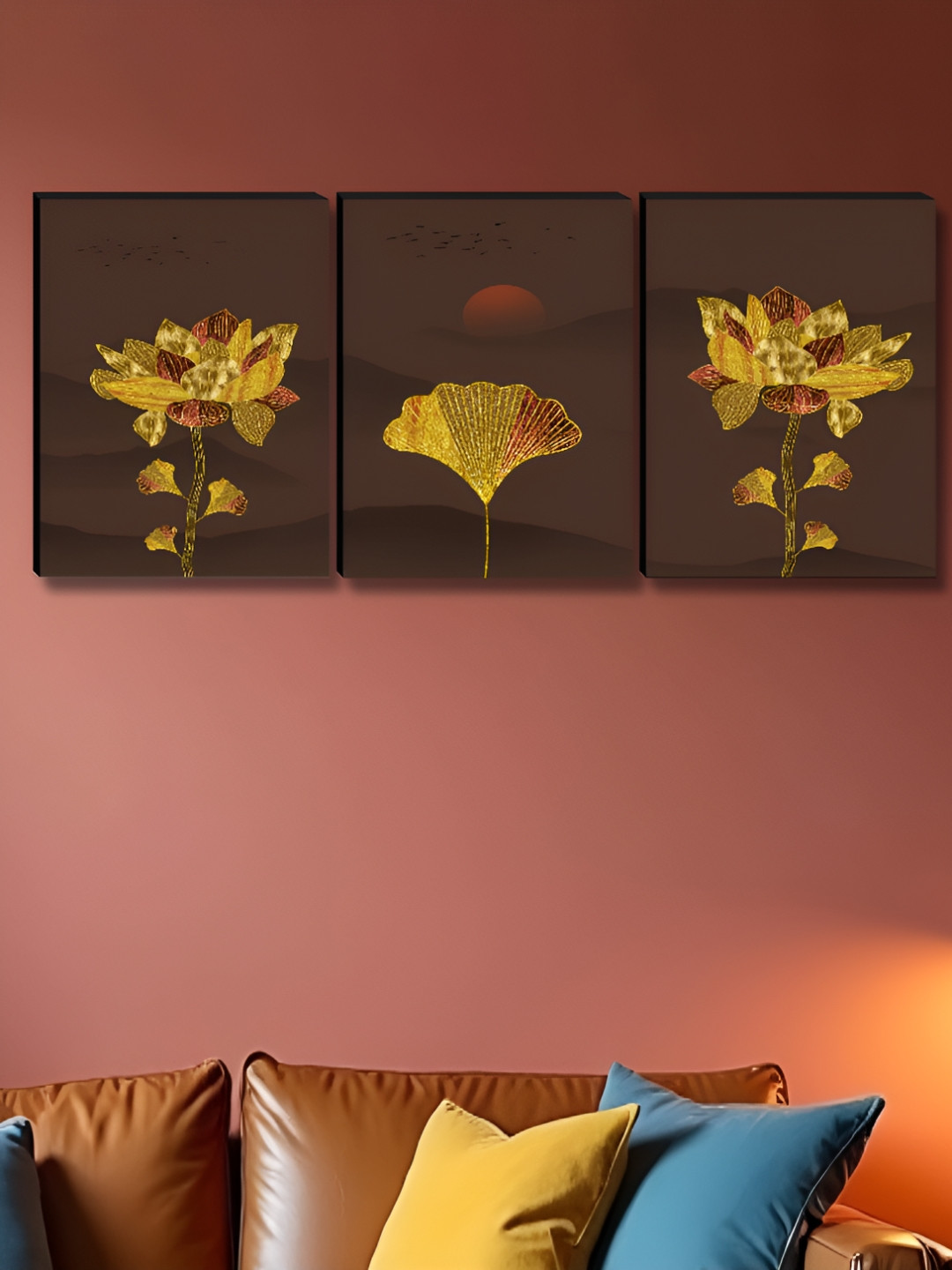Livin'luxe Brown & Gold-Toned 3 Pieces Lotus Flower Wall Arts