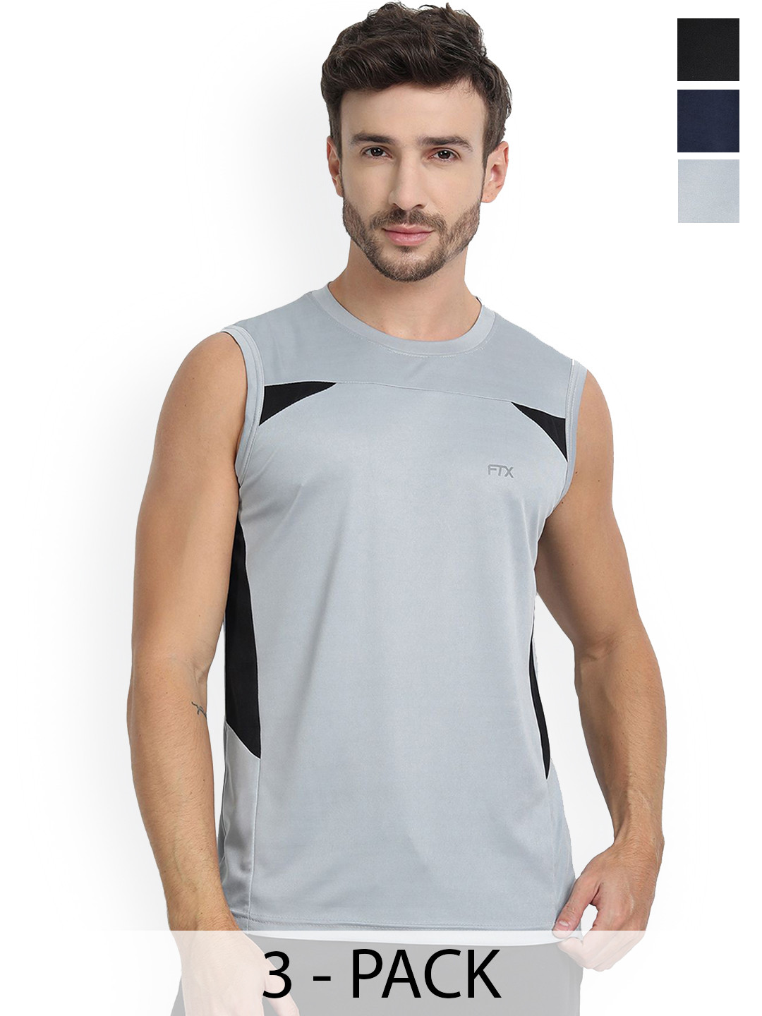 FTX Pack Of 3 Colourblocked Dry-Fit Round Neck Gym Vests 709-1_709-4_709-10-S