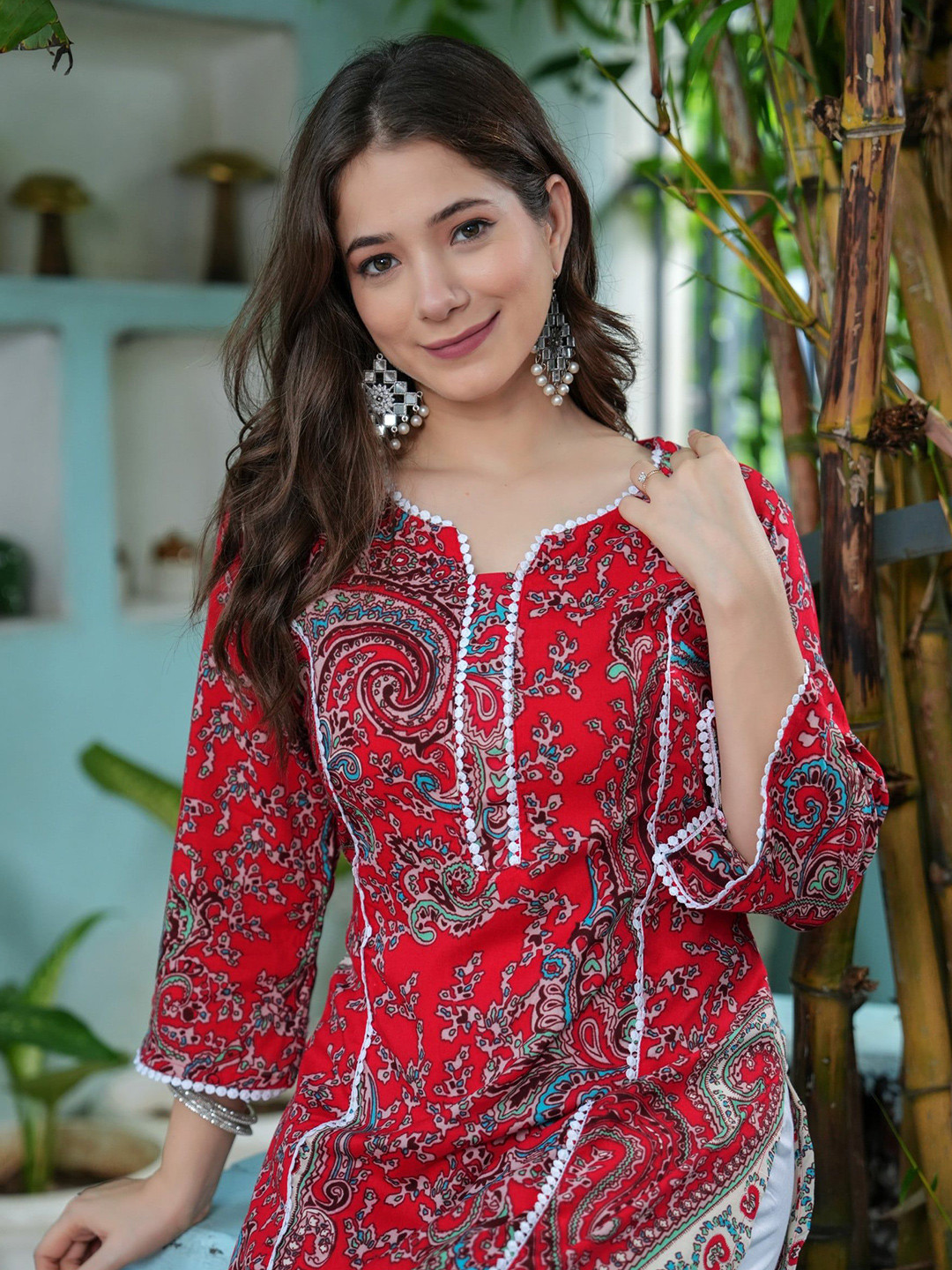 KBZ Paisley Printed Notch Neck Thread Work Round Neck Straight Kurta