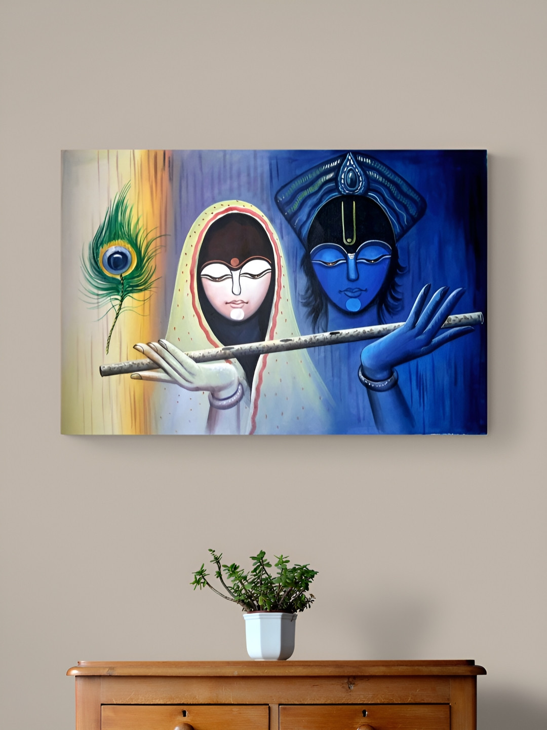 Tushaco Handicrafts Blue & White Lord Radha Krishna Printed Canvas Wall Art