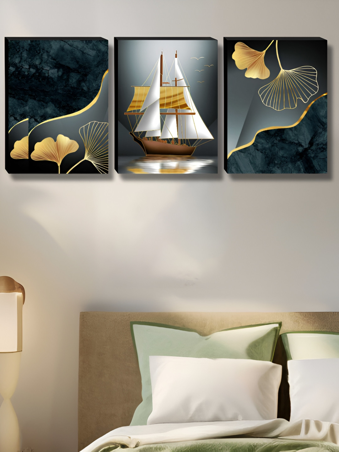 Livin'luxe Green & Gold-Toned 3 Pieces Ship & Ginkgo Leaves Printed Wall Arts