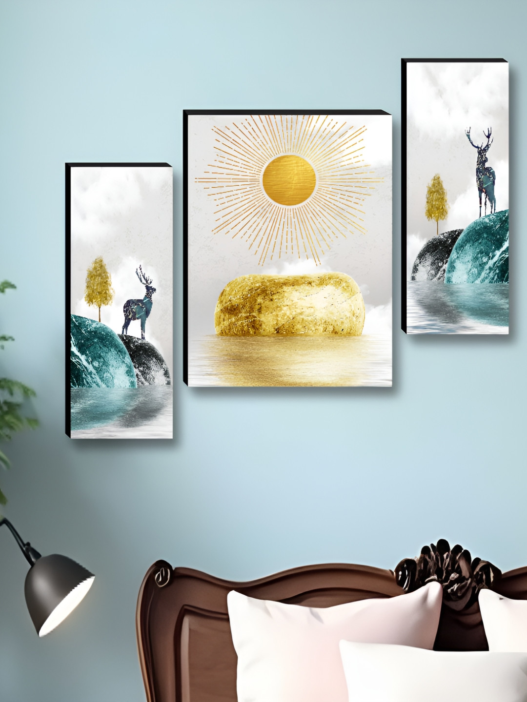 Livin'luxe White & Gold-Toned 3 Pieces Deer & Sun Printed Wall Arts