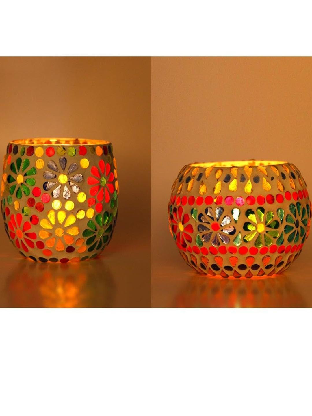 Somil Vibrant Multicolor Glass Candle Holder  Add A Touch Of Magic To Diwali, Parties & Candlelight Dinners, Size-8.5 X 8.5 X 8.5  Cm , 11 X 11 X 8  Cm Pack OF 2