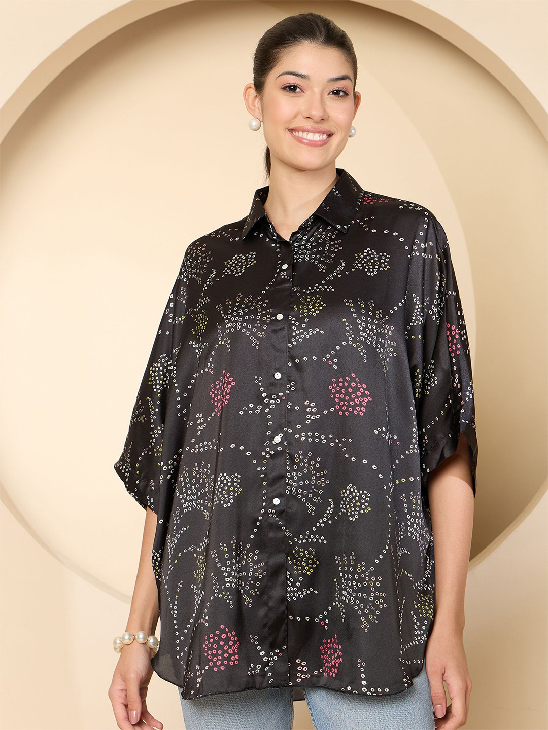 Antheaa Women Bandej Print Extended Sleeves Satin Shirt Style Top