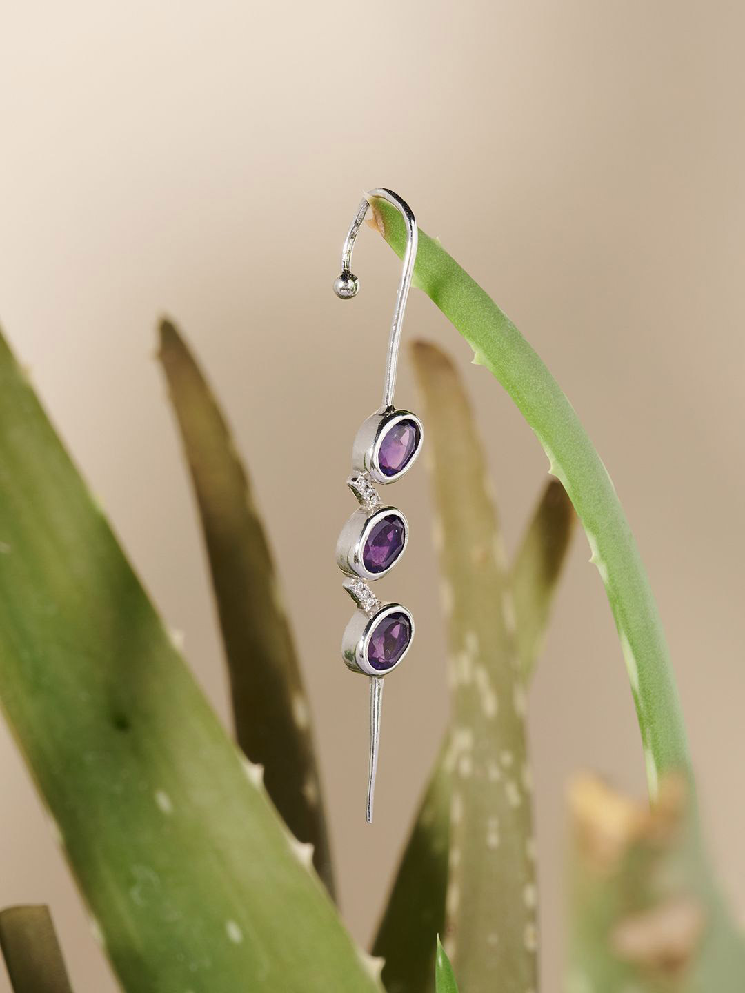 Stone Story By Shruti 925 Sterling Silver -Plated Amethyst Studded Oval Ear Cuff