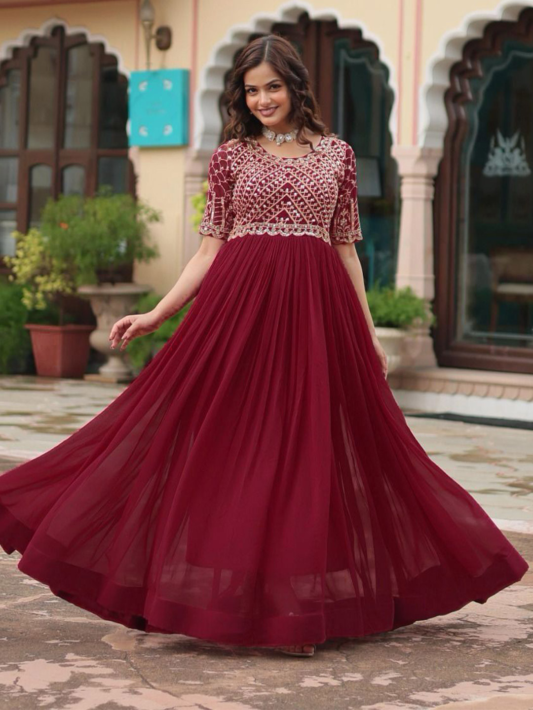 RUNAYA NX Women Embroidered Fit & Flare Maxi Dress