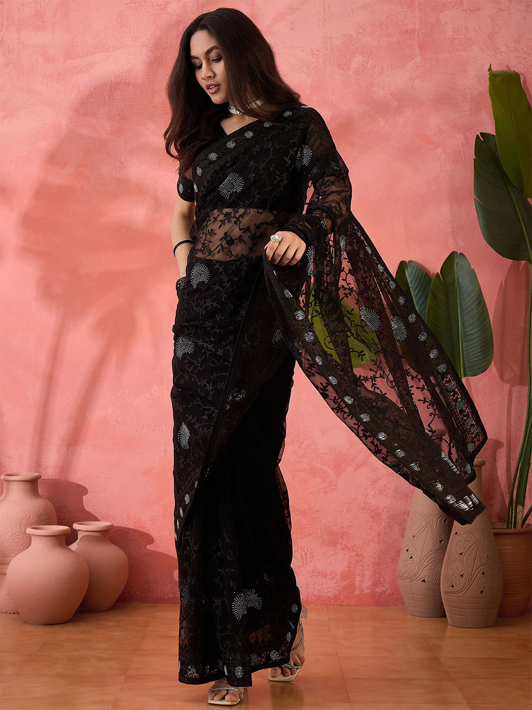 MANVAA Floral Embroidered Net Beads and Stones Saree With Blouse Piece