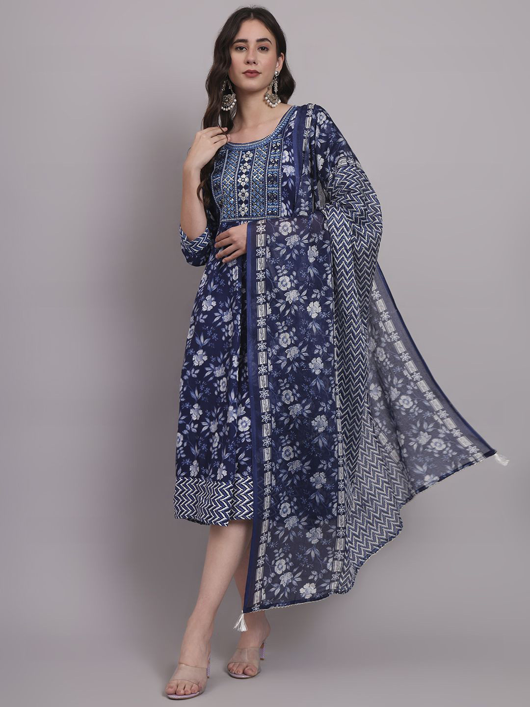 HERE&NOW Embroidered Flared Midi Dress & Dupatta Set
