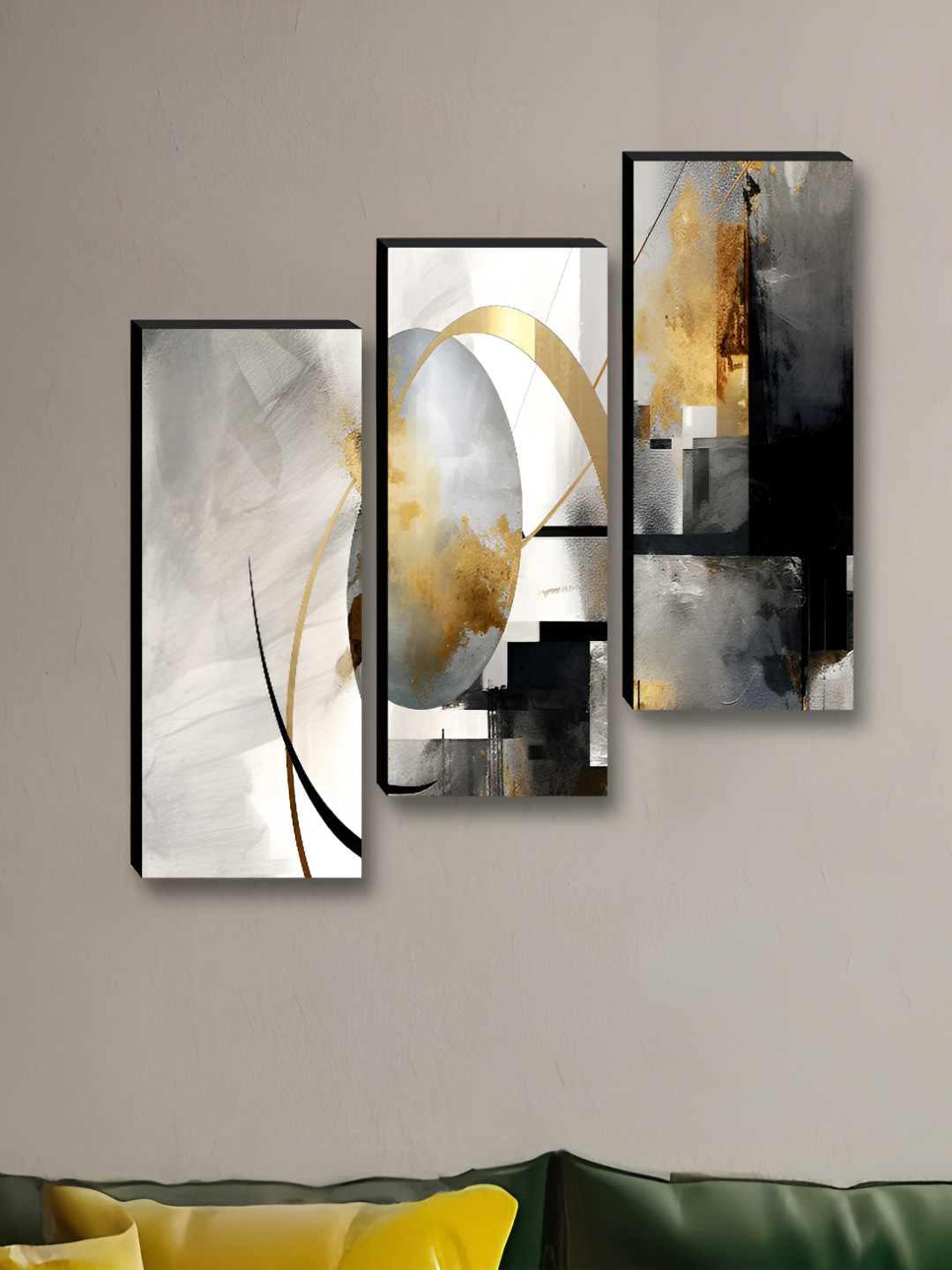 Livin'luxe Grey & Gold-Toned 3 Pieces Modern Abstract Geometric Wall Arts