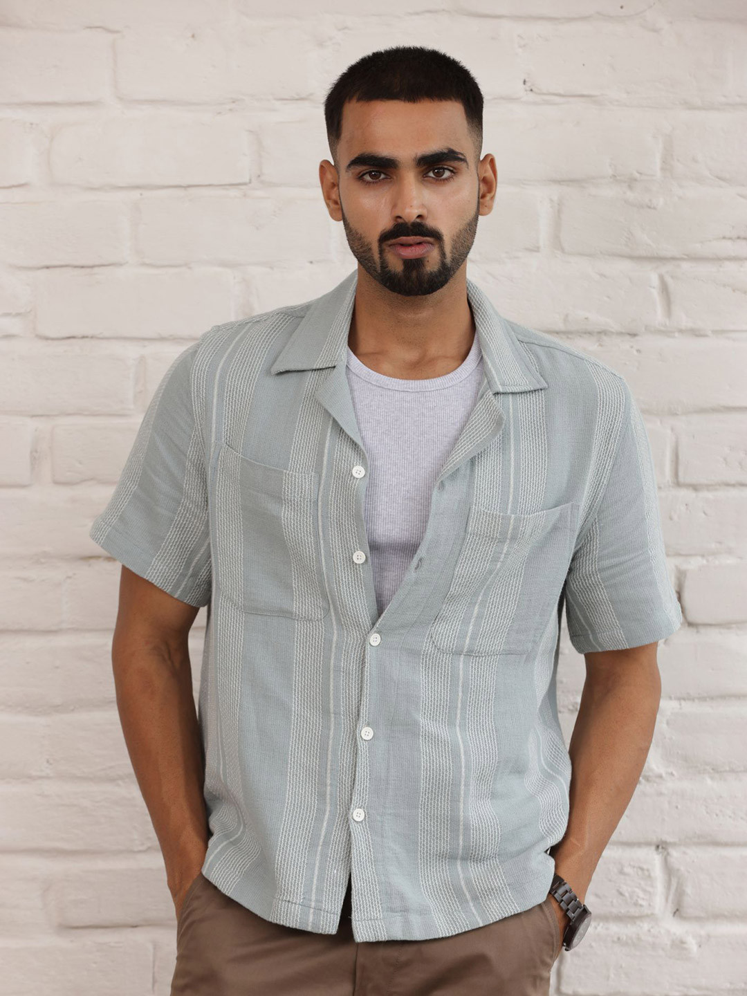 Uncluttered Closet Regular Fit Striped Cuban Collar Casual Shirt