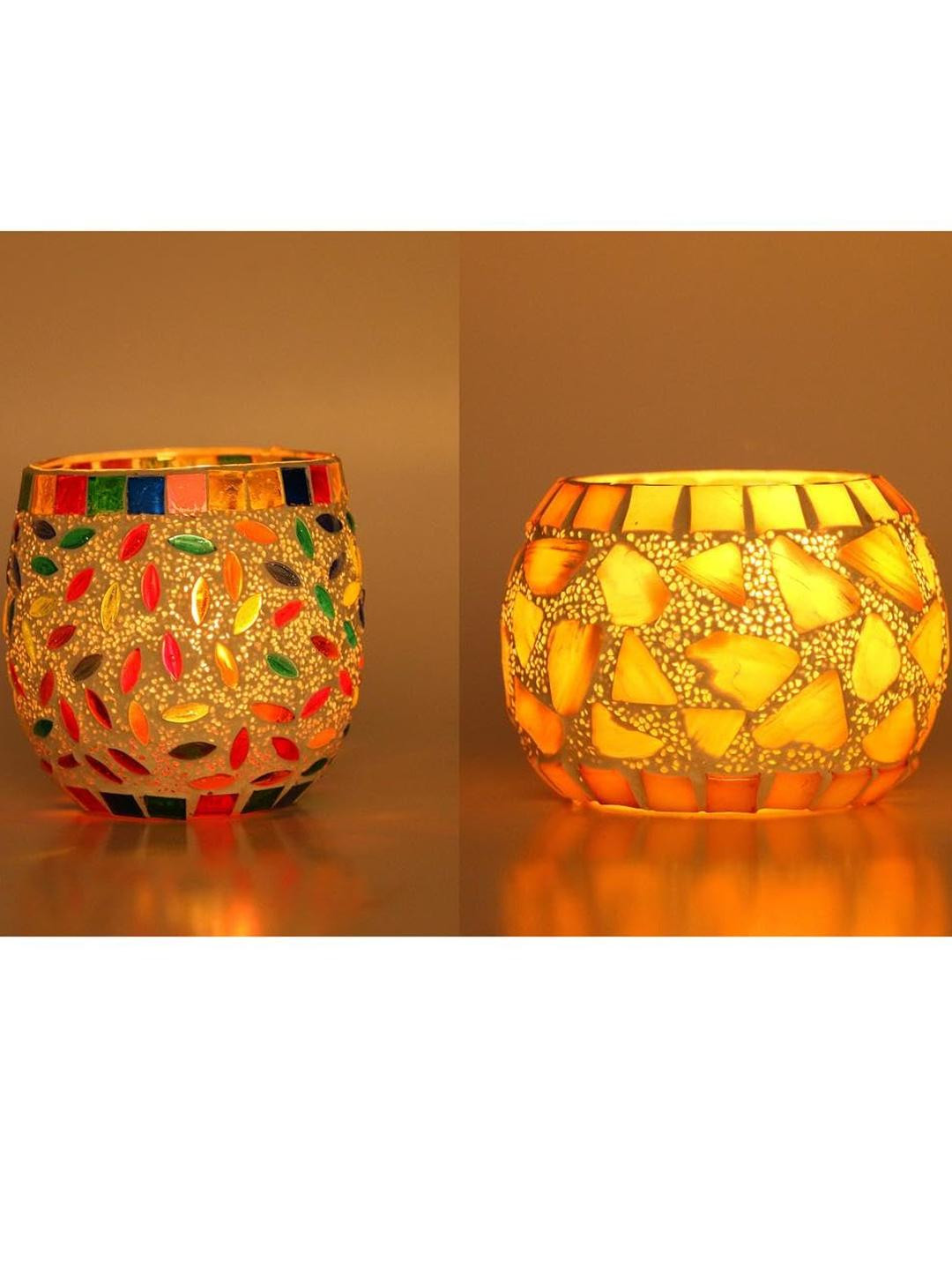 Somil Vibrant Multicolor Glass Candle Holder  Add A Touch Of Magic To Diwali, Parties & Candlelight Dinners, Size-8.5 X 8.5 X 8.5  Cm , 9.5 X 9.5 X 7  Cm Pack OF 2