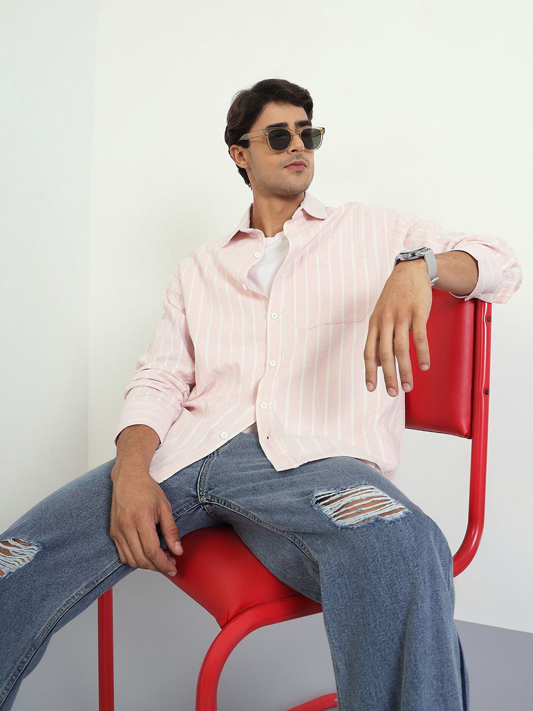 CHIMPAAANZEE Vertical Striped Twill Oversized Shirt