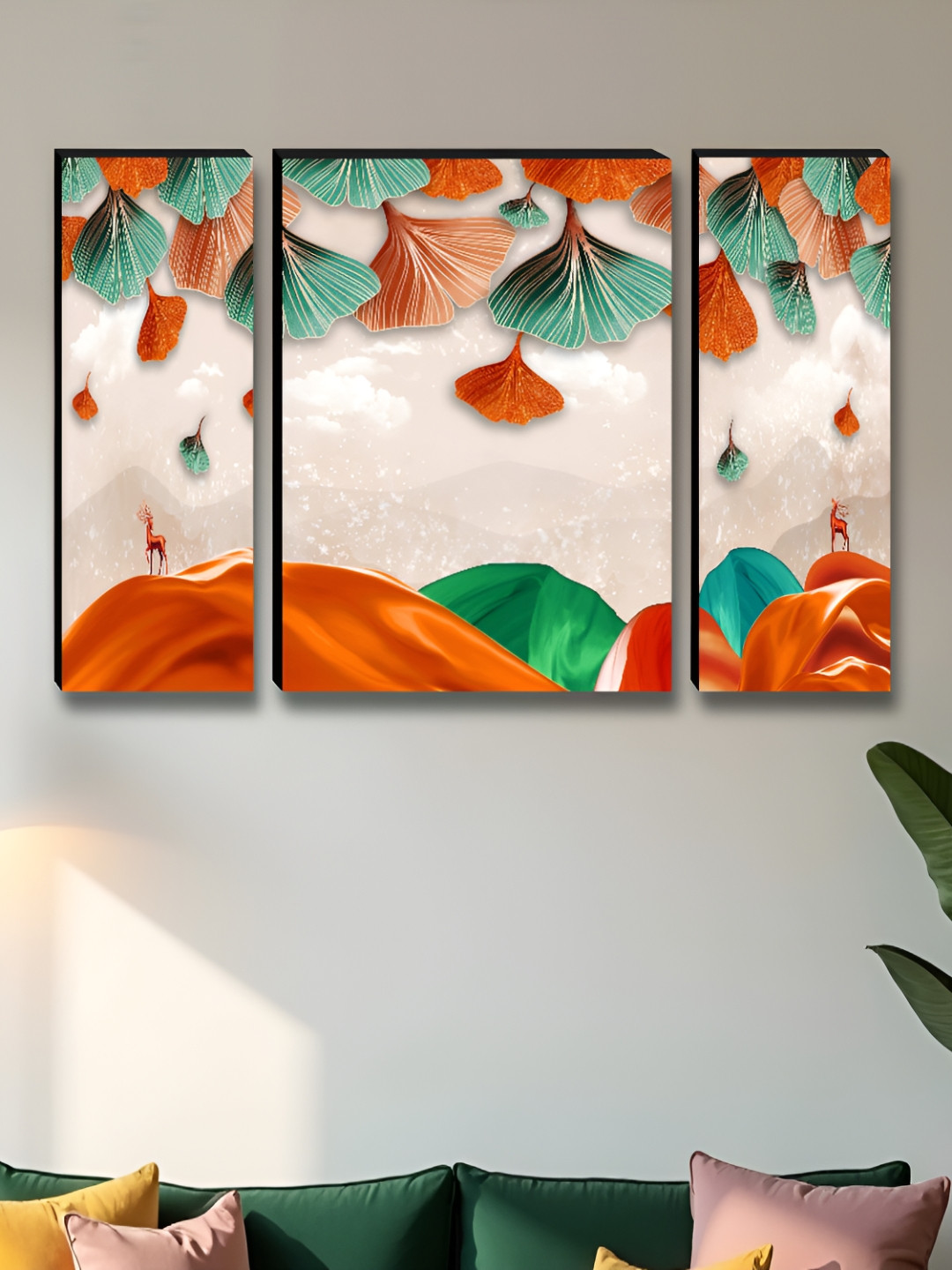 Livin'luxe Peach-Coloured & Green 3 Pieces Falling Leaves Printed Wall Arts