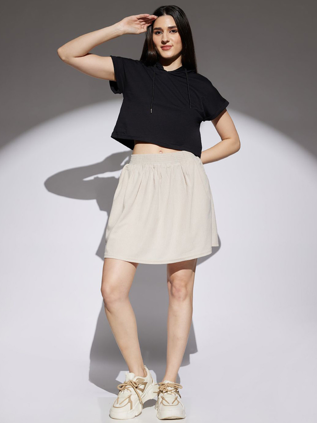 Globus Beige Self Design Smocked & Pleated Waist A-Line Mini Skirt