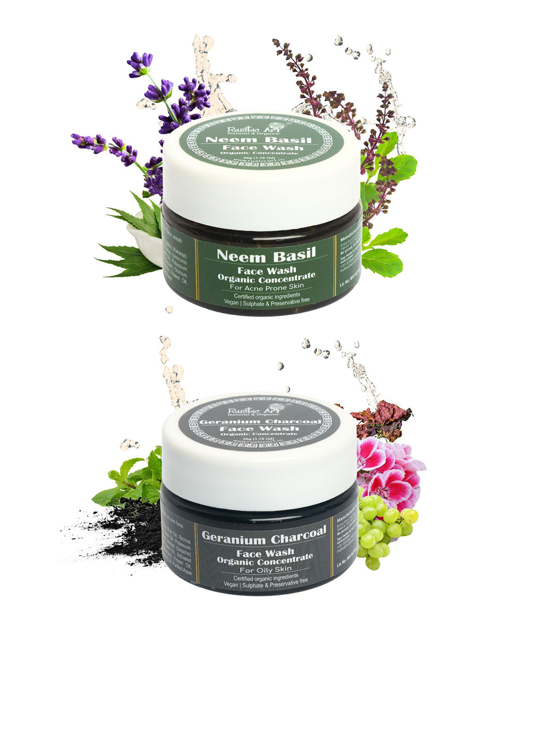 Rustic Art Set Of 2 Geranium Charcoal & Neem Basil Face Wash - 50 g Each