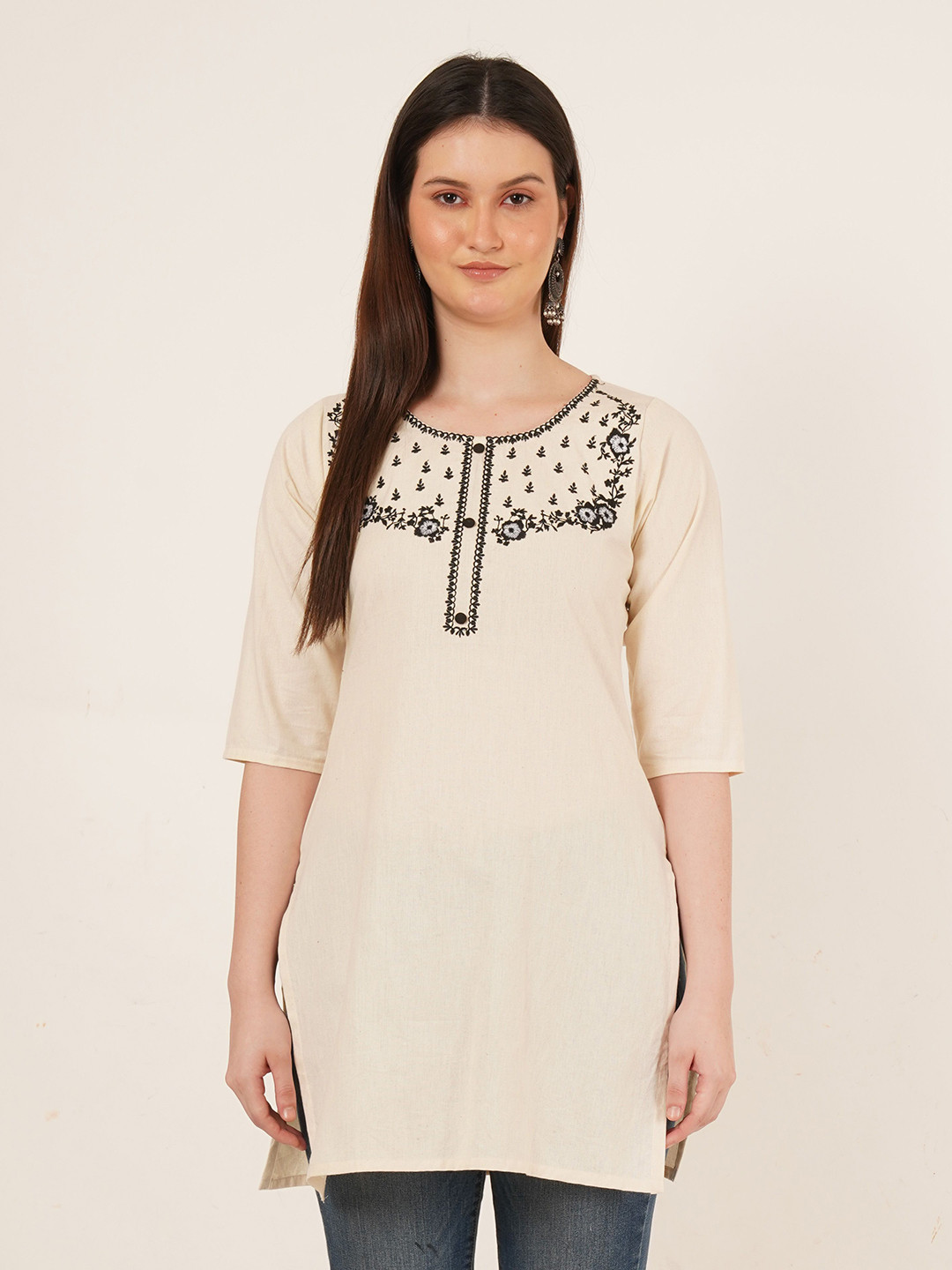 Brownverse Floral Embroidered Khadi Kurti