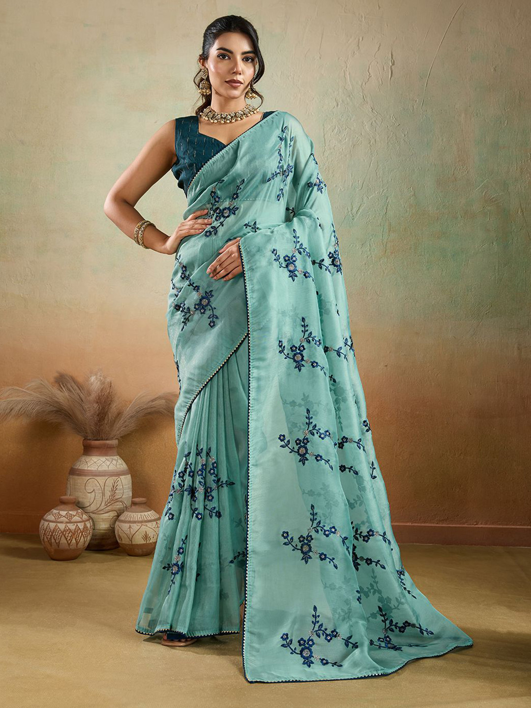 PBS PRINTS Floral Zari Organza Saree