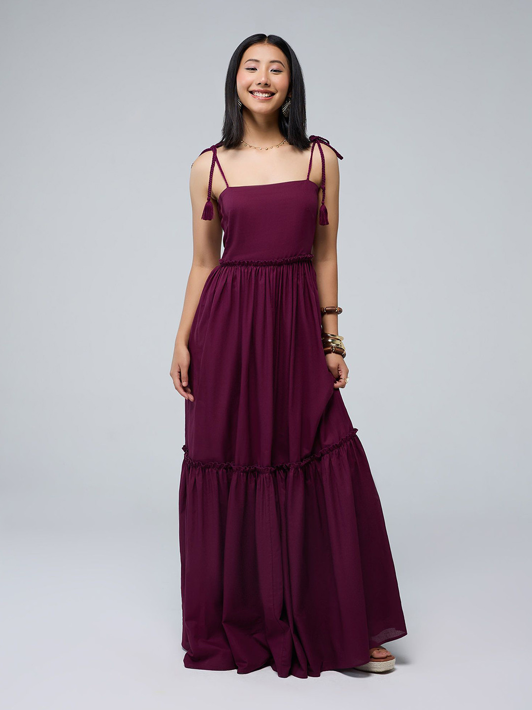 20Dresses Essgee Tassel Tie-Up Shoulder Straps Smocked Cotton Fit & Flare Maxi Dress