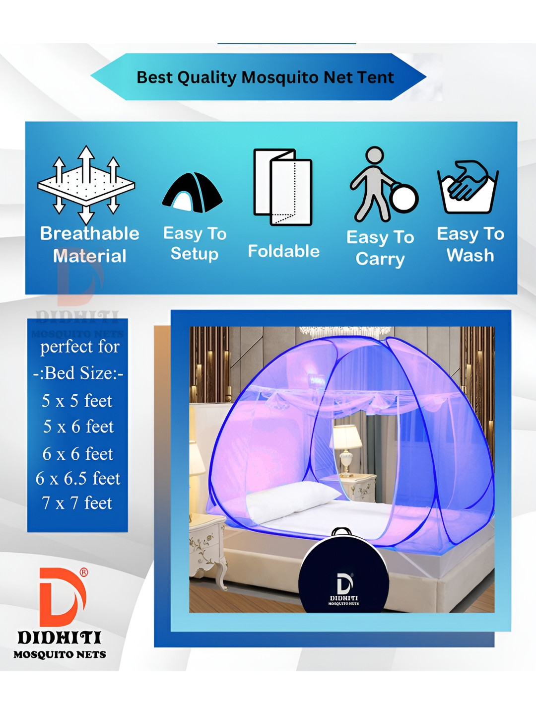 didhiti Royal Blue Queen Bed Foldable Tent Mosquito Net