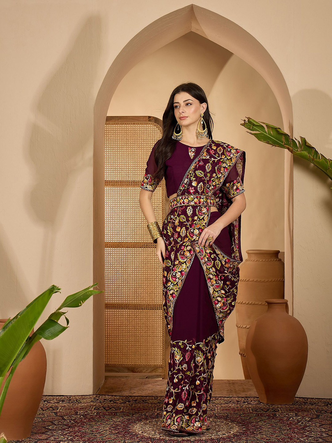 SHADOW & SAINING Ethnic Motifs Embroidered Saree with Heavy Kashmiri Thread Work Belt