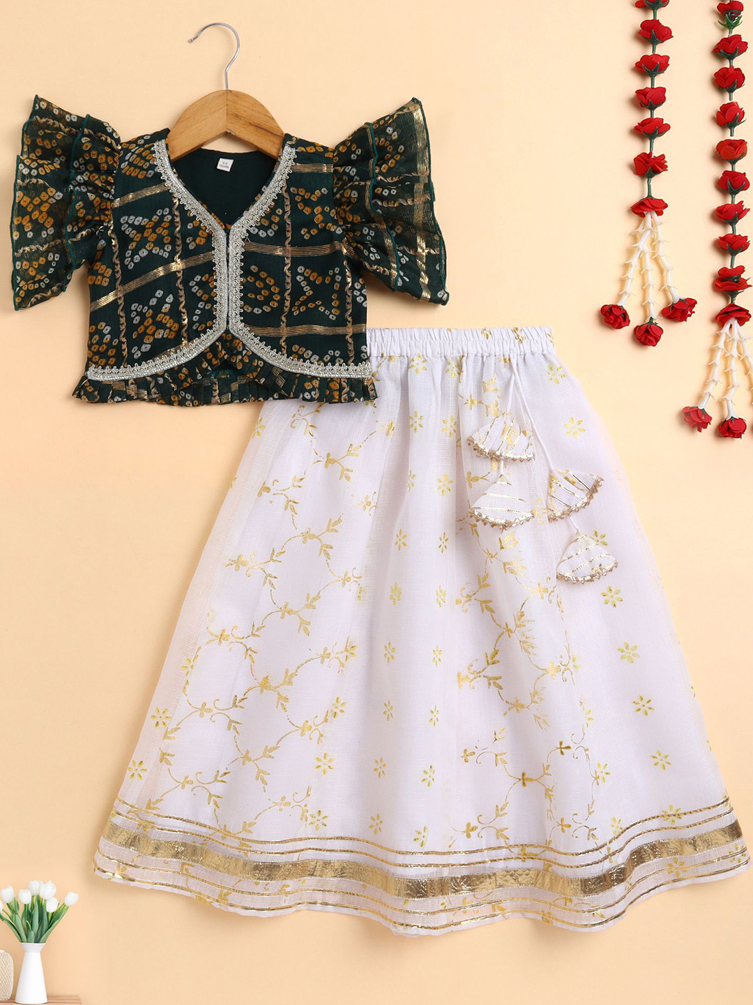 The Magic Wand Girls Printed Thread Work Ready to Wear Lehenga &