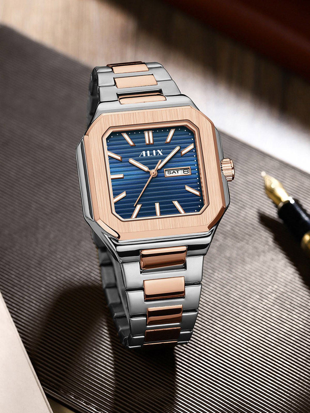 ALIX Men Patterned Dial & Stainless Steel Bracelet Style Straps Analogue Watch AL3016_RGBE