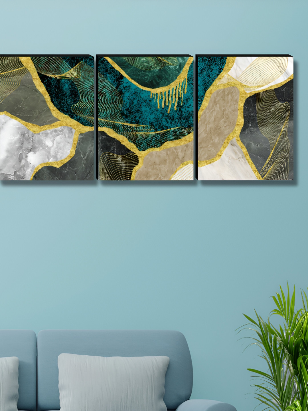 Livin'luxe Teal & Gold-Toned 3 Pieces Textured Marble Printed Wall Arts
