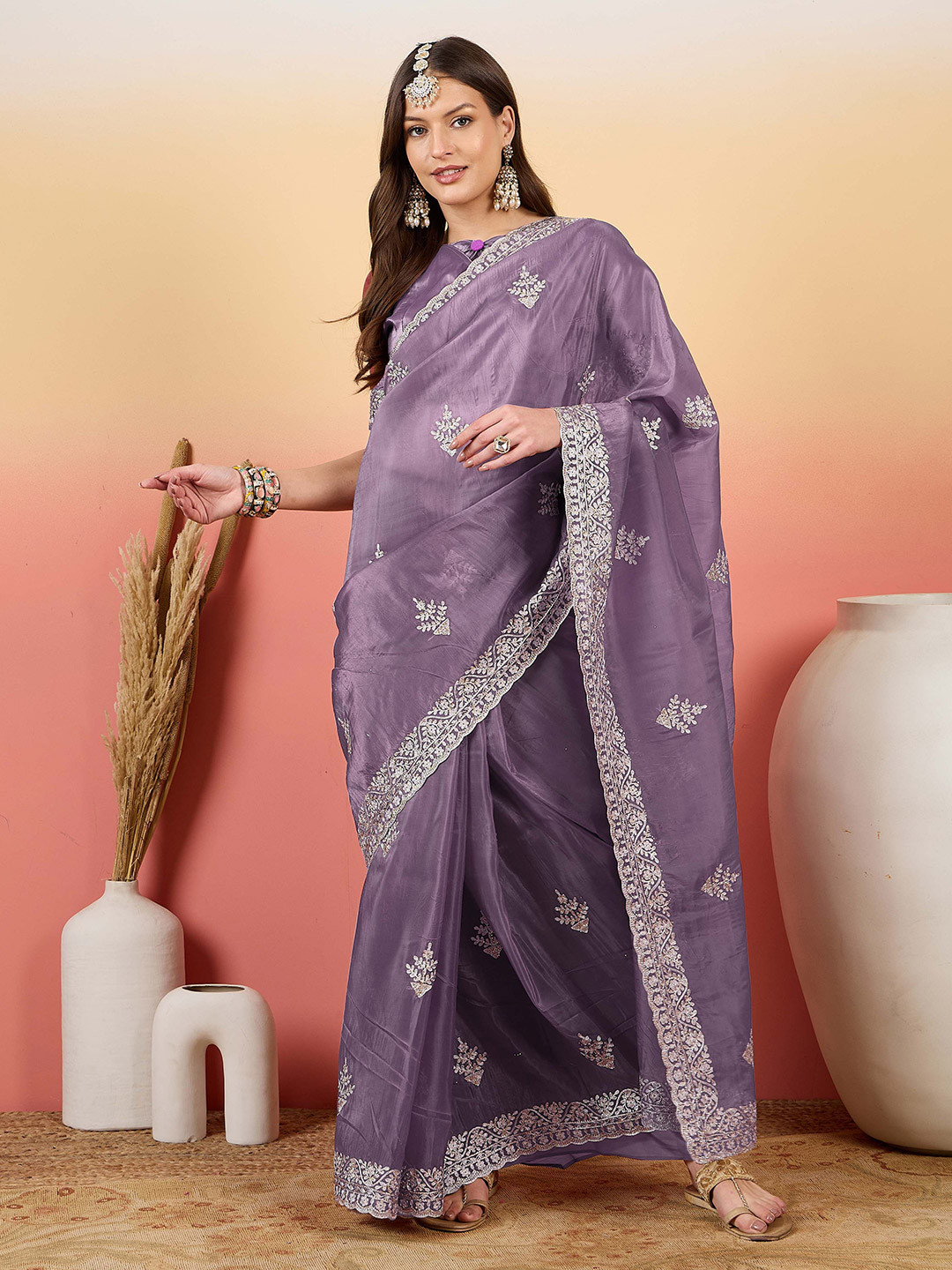 MANVAA Embroderied Work With Ceroski Diamond Work Saree