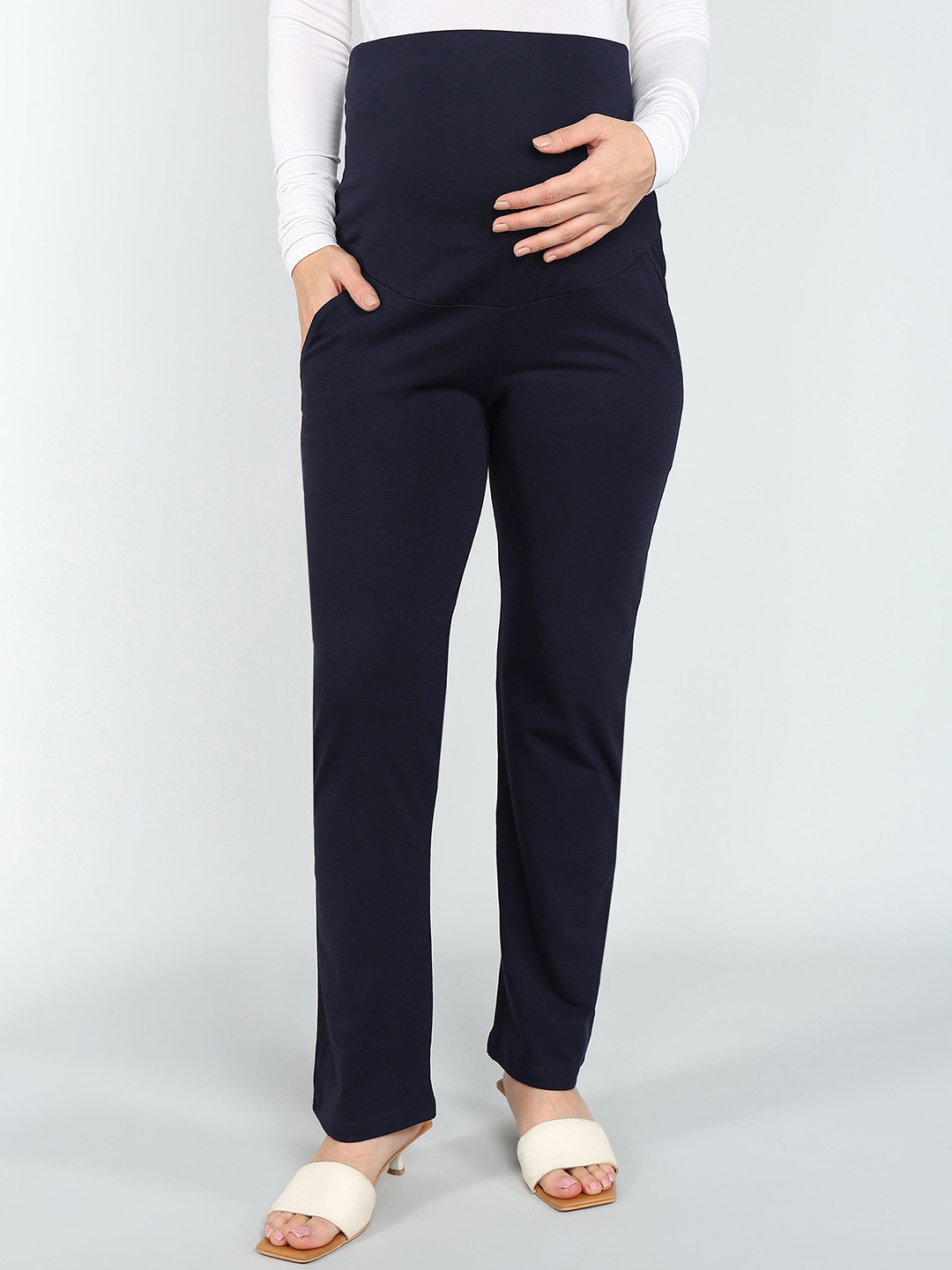 Moms Ever Women Regular Fit High Rise Navy Blue Supima Cotton Maternity Trousers