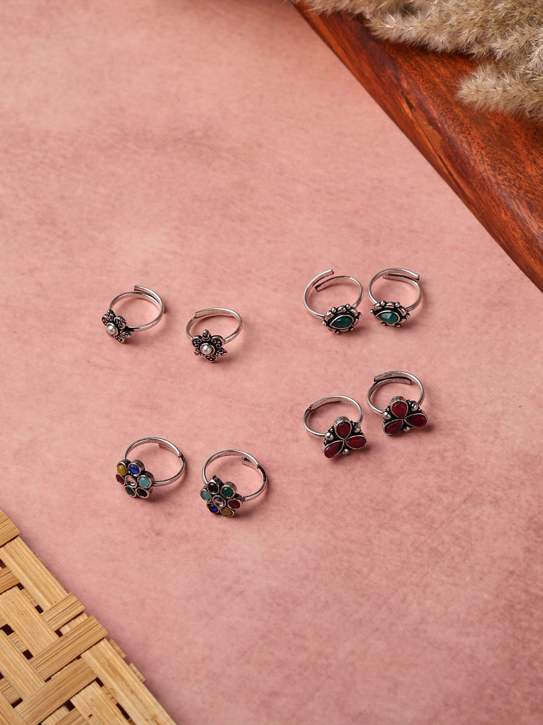 VENI Set Of 4 Sliver-Plated Stone-Studded Toe Rings