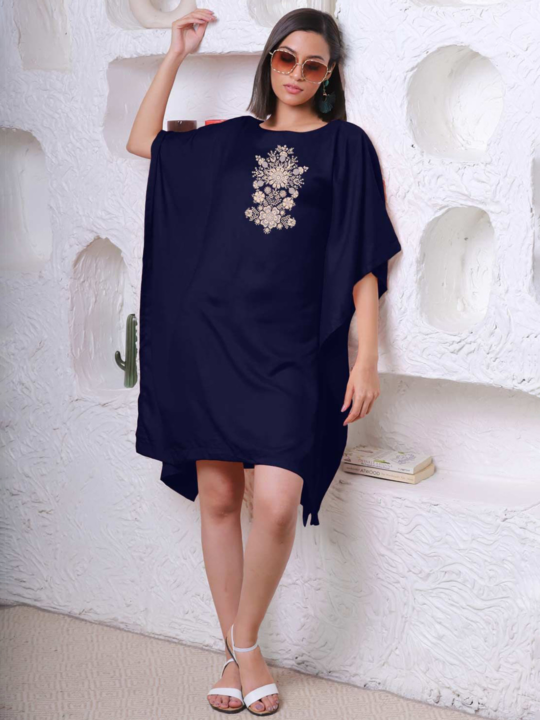 LetsDressUp Flora Women Navy Embroidered Kimono Sleeves Kaftan Dress - XS